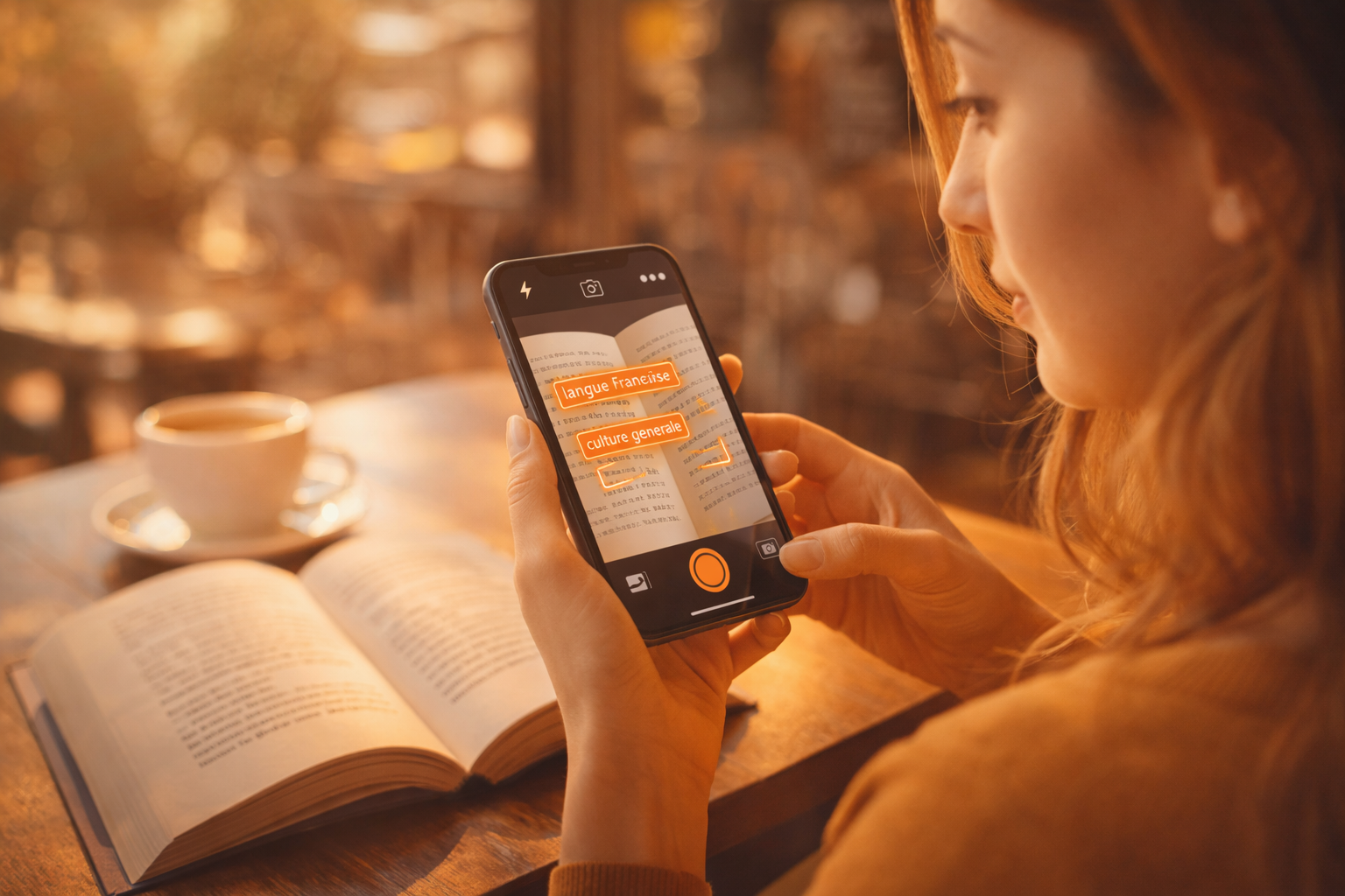 Woman in a café using Orasi to scan and translate text from a book